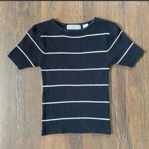 Milano Ribbed Short Sleeve Stripe Top - Black & Cream